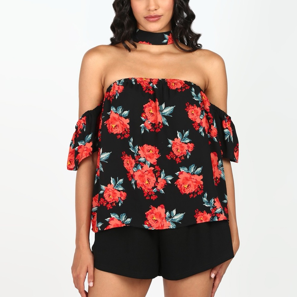 Forever 21 Floral Offshoulder Choker Women Blouse